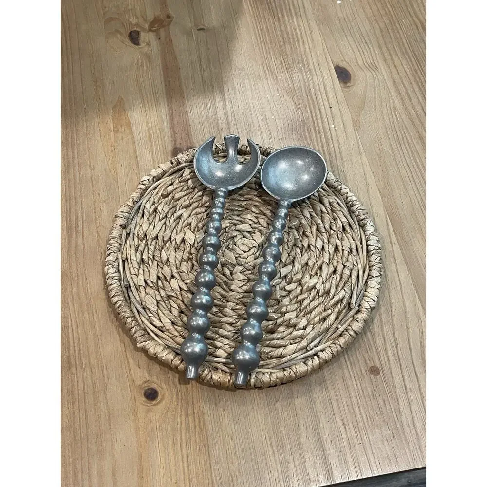 Vintage Salad Servers Decorative Cutlery Sculpted Design Retro Pewter Spoon Fork